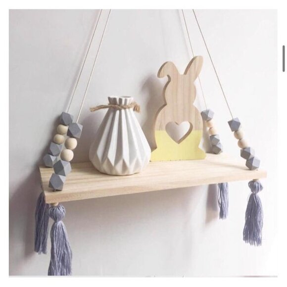 Nordic Wooden Hanging Shelf with Gray Beads and Tassels | Minimalist Boho Nurser - Picture 3 of 6